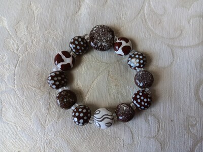 Kazuri Stretch Ceramic Beaded Bracelet, Brown and White Kazuri Beads with Crystal Clear Spacers, African Fair Trade Bead - image1